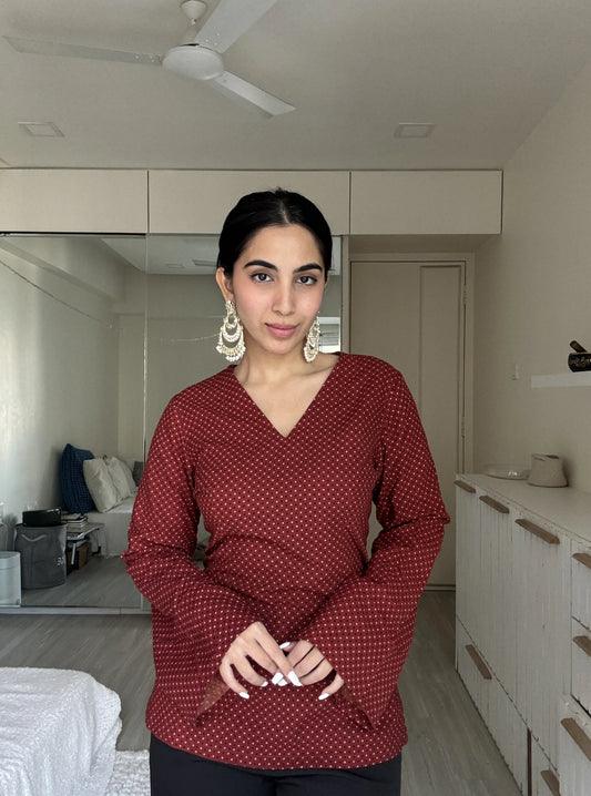 “Bell sleeves and corset back detail on Jhanvi maroon cotton kurti”